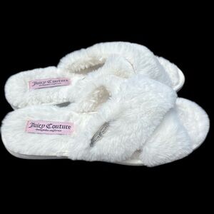 Juicy Couture ladies fluffy white slippers, size 11 very clean good condition